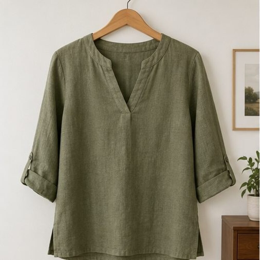 Olive Linen Notch Neck Blouse